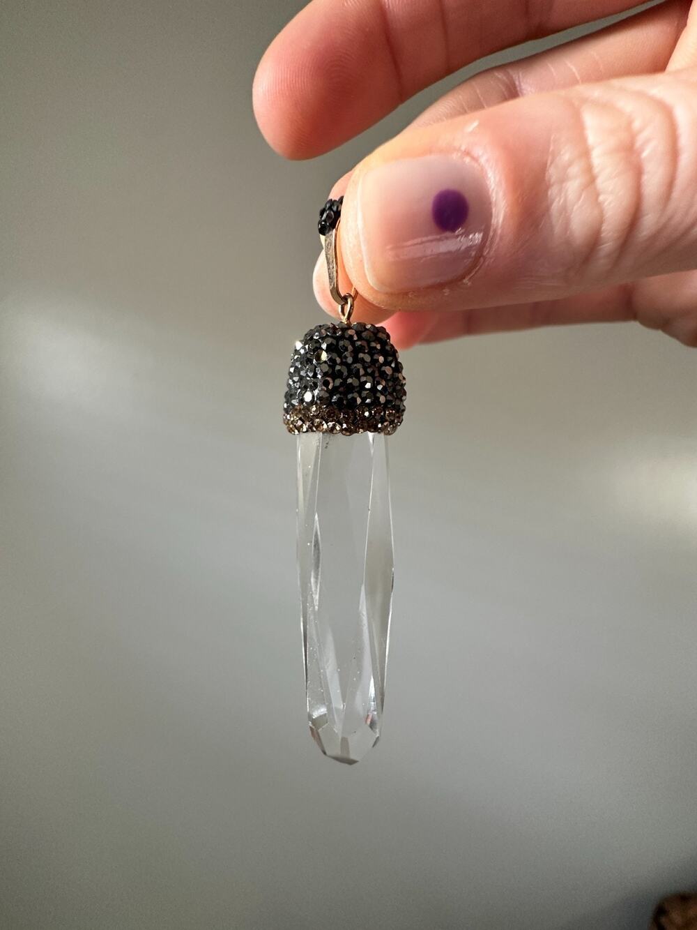 Faceted Crystal Point Pendant Pave Hematite Rhinestone Cap Gold Tone Boho Drop